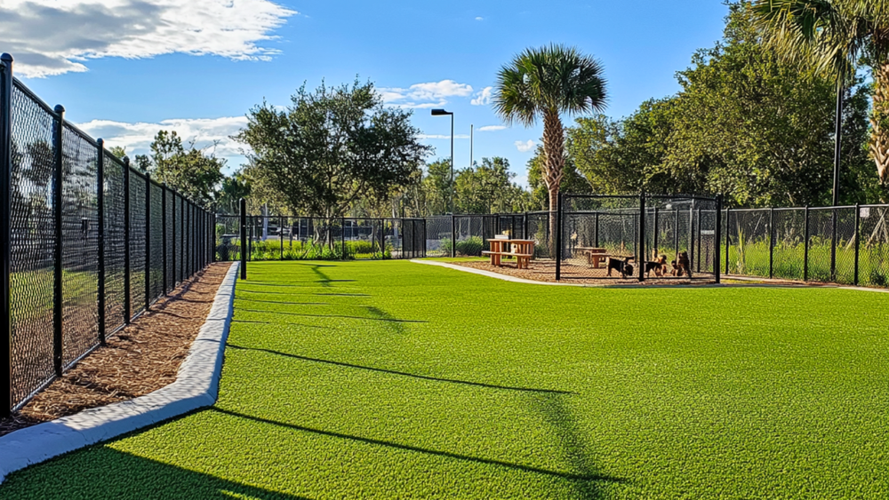 Fenced grassy dog park with trees and a picnic table. Sunlit day with dogs playing. No recognizable landmarks or historical buildings visible.