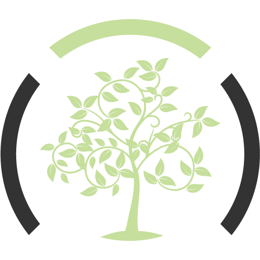 Vector logo features a stylized tree with swirling branches, surrounded by semi-circular lines, on a light green background.
