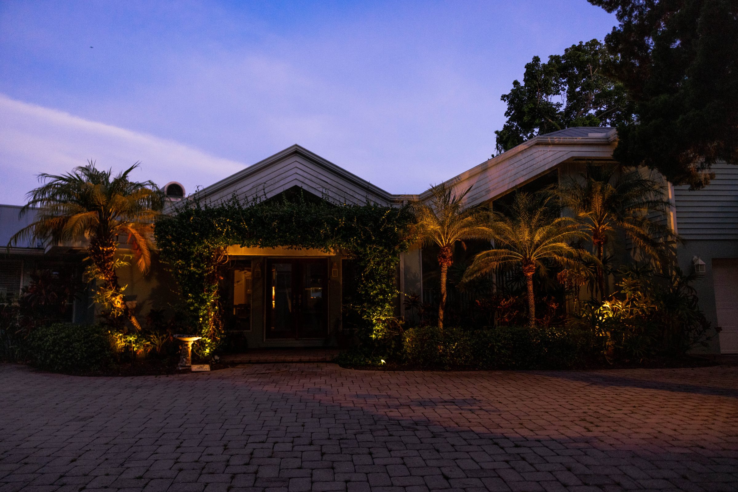 A modern house at dusk with illuminated palm trees and brick driveway, surrounded by greenery, under a clear evening sky.