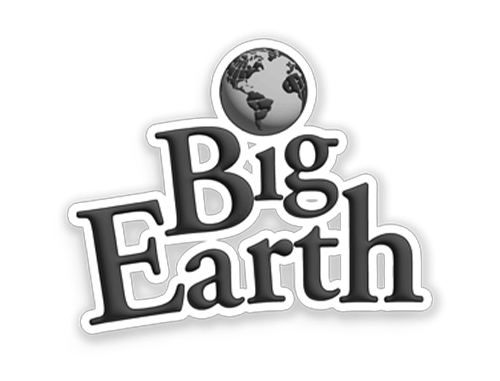 Black and white logo with "Big Earth" text and a globe illustration above. The design is set against a transparent background.