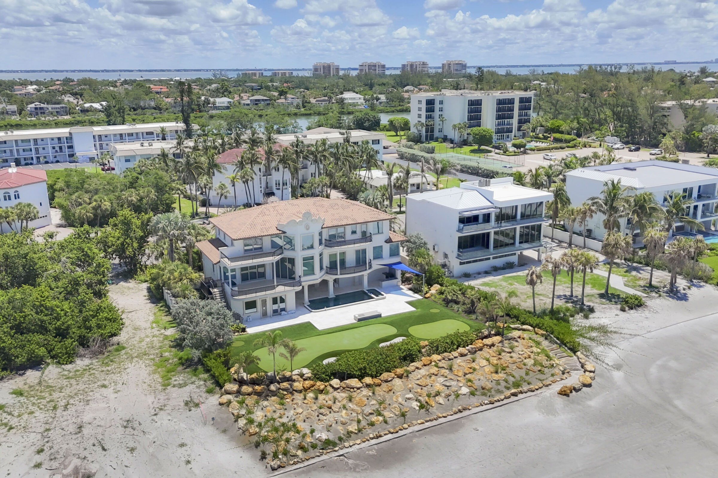 Aerial view of luxurious beachfront homes with pools, surrounded by palm trees, overlooking a sandy shoreline. Urban skyline visible in the distance.