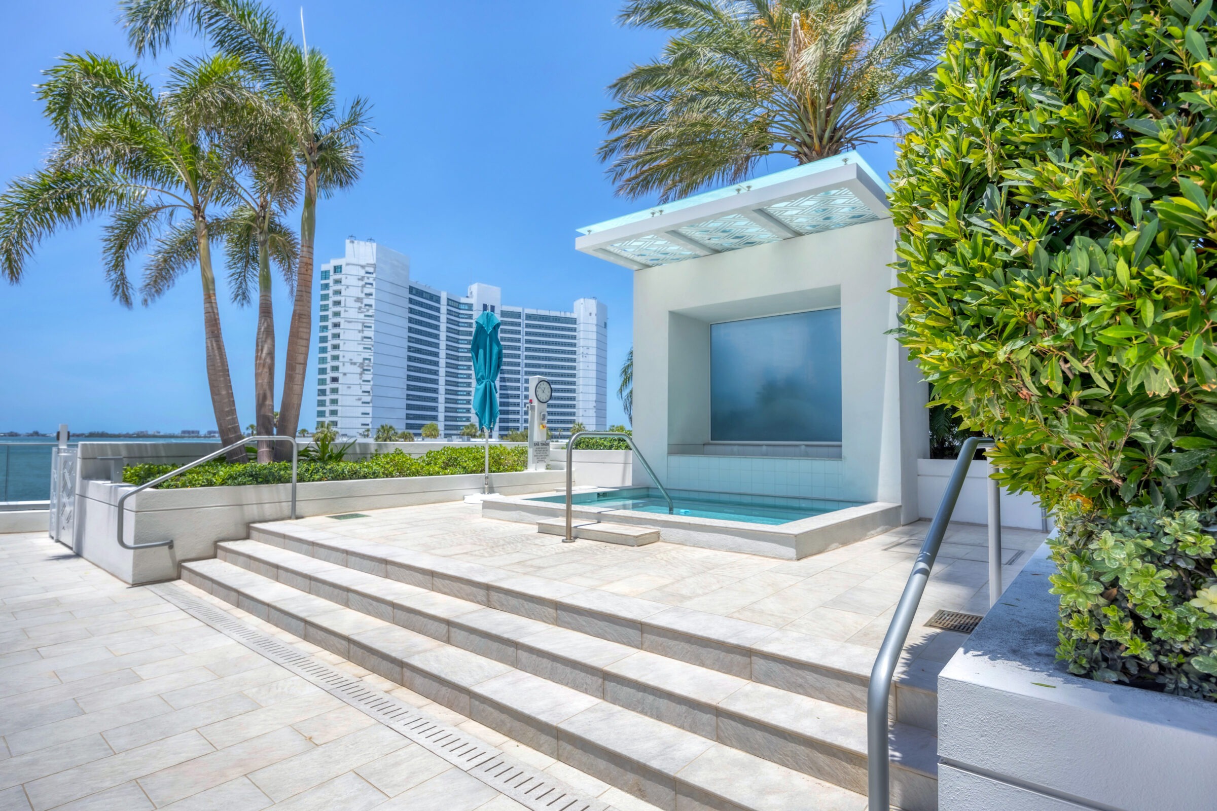 Modern rooftop terrace with a small pool, palm trees, and a distant view of tall buildings. Bright, sunny day with clear blue sky.