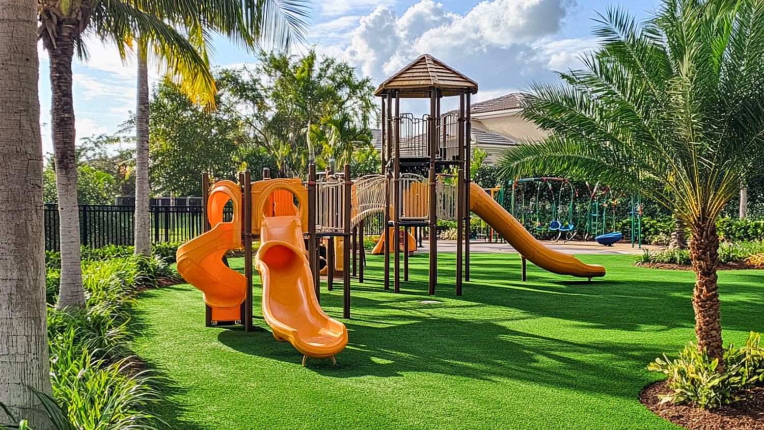 Playground featuring vibrant orange slides, surrounded by lush greenery and palm trees, under a sunny sky. No people or landmarks visible.
