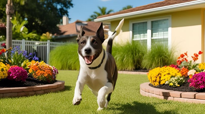 A cheerful dog runs across a vibrant garden with colorful flowers and a yellow house in the background under a sunny sky.