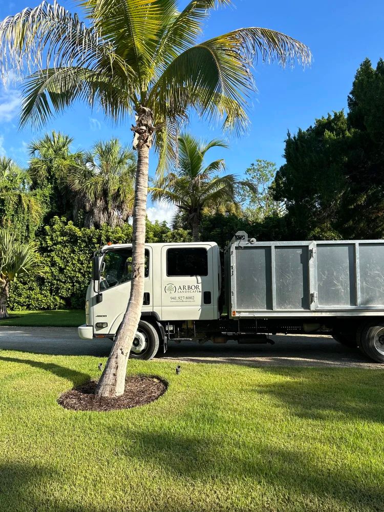 A truck from "Arbor Landscapes" parked on a driveway surrounded by lush, green palm trees and grass under a clear blue sky.