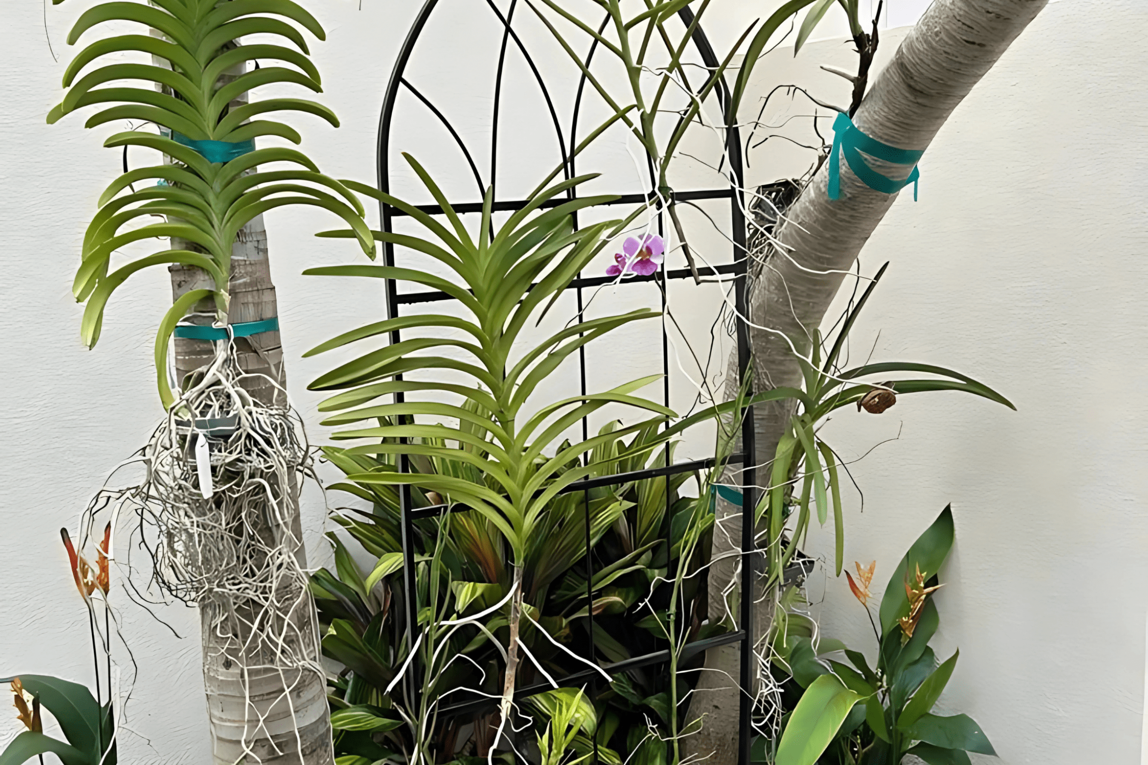 A vibrant garden scene with tropical plants and orchids against a white wall, featuring a decorative black metal trellis enhancing the greenery.