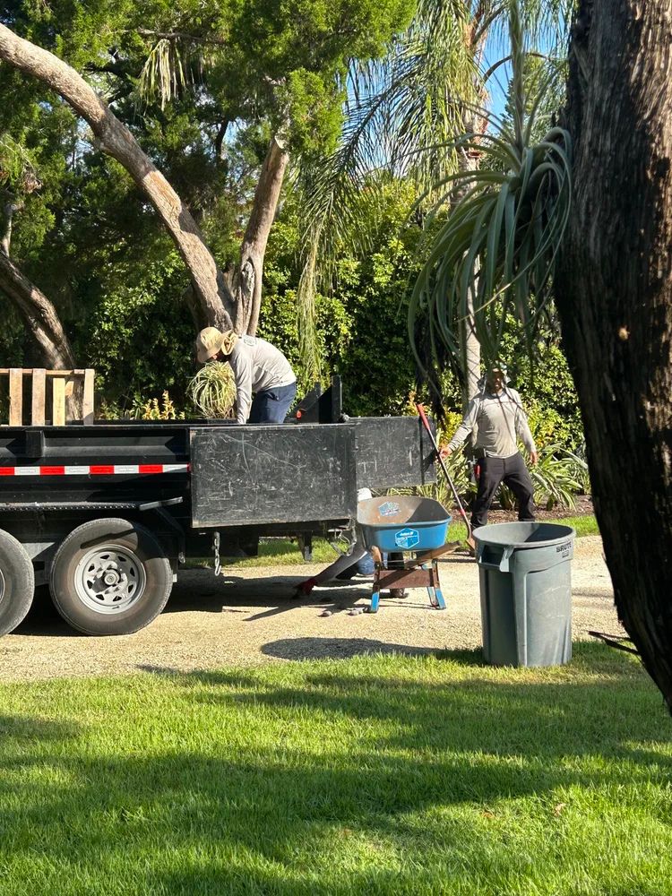 Two people work with plants near a black trailer in a lush, sunny park. They use a wheelbarrow and trash bin.