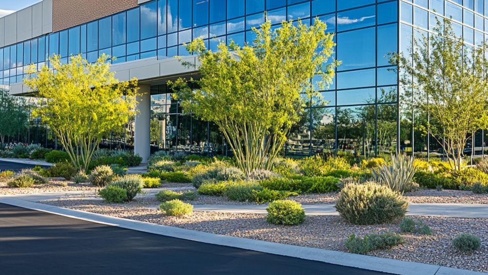 Modern office building with reflective glass facade, surrounded by desert landscaping including small trees and shrubs, under a clear blue sky.