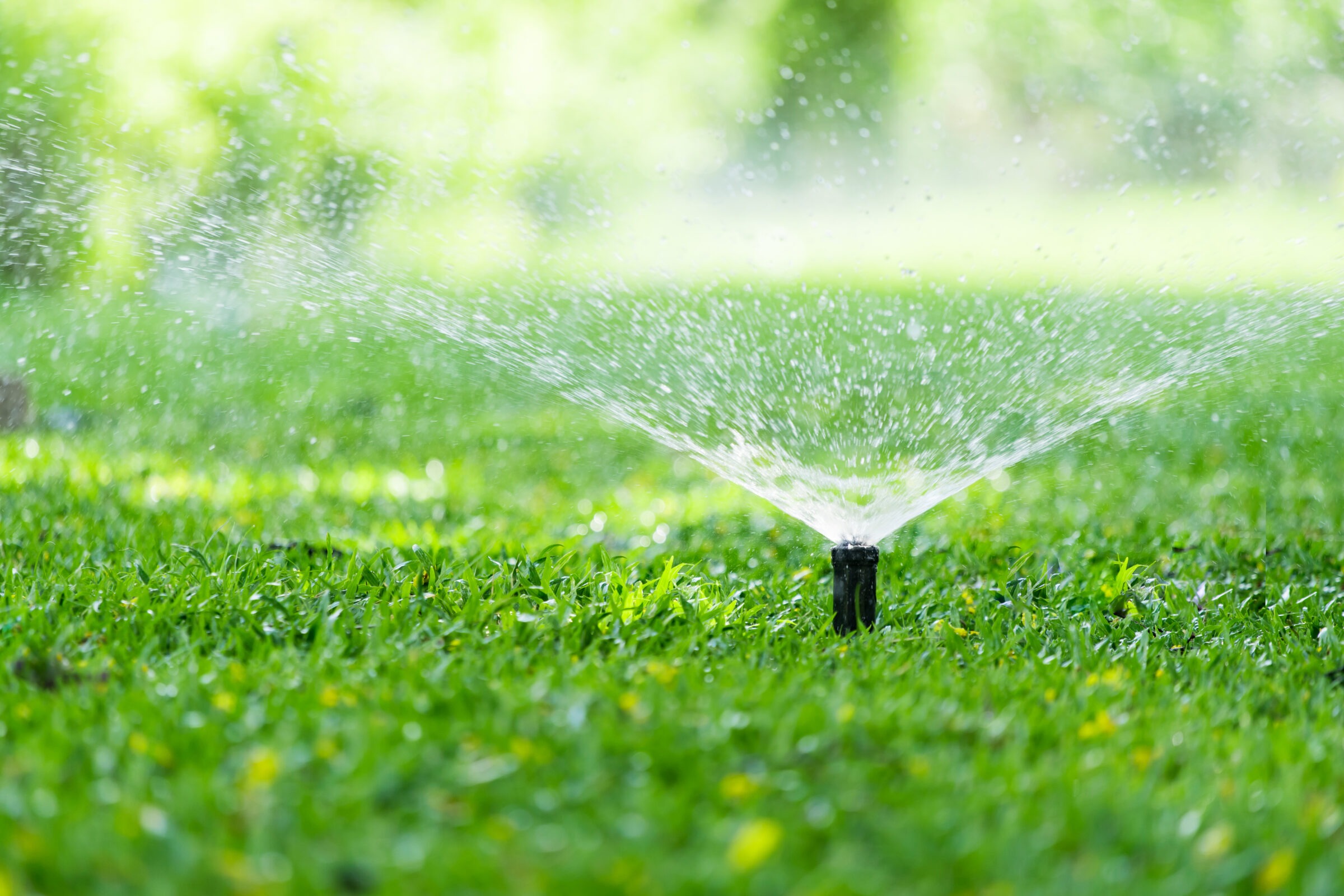 A sprinkler waters vibrant green grass, spraying droplets under bright sunlight. Blurred background creates a serene, fresh garden atmosphere.