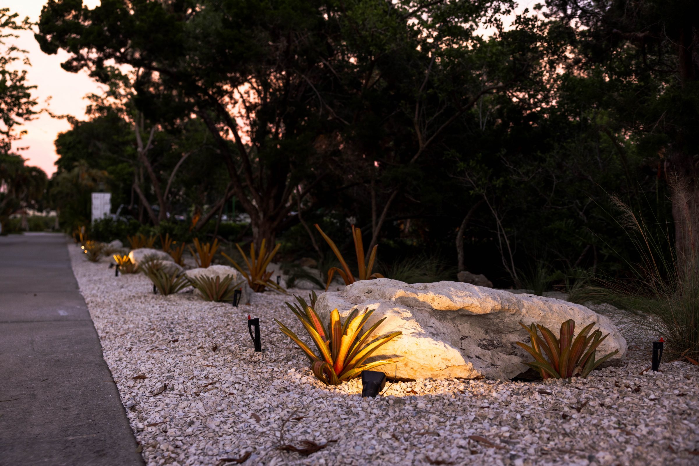 Decorative boulders and tropical plants highlighted with soft landscape lighting along a stone-mulched garden bed at dusk.
