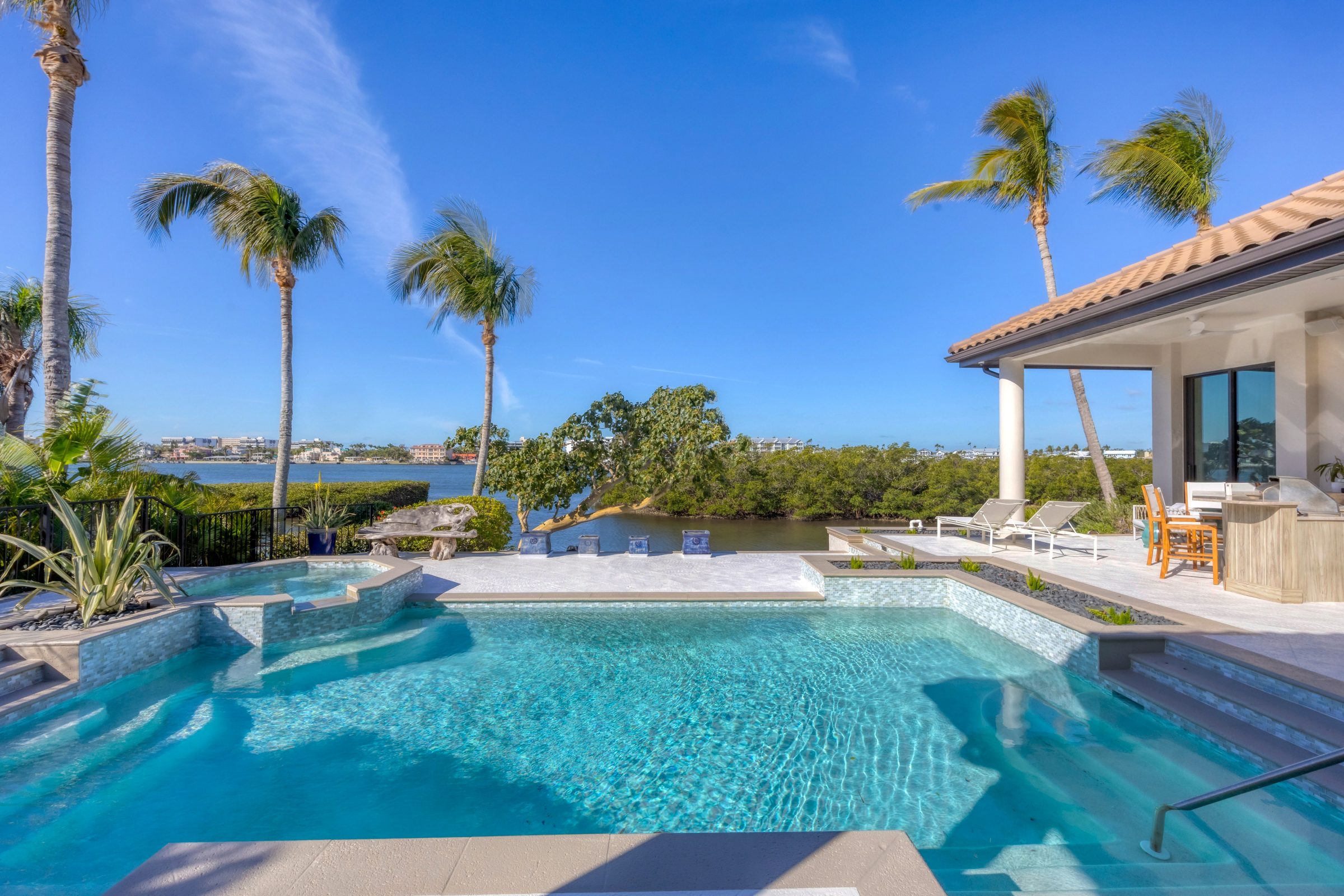 Luxury pool with ocean view and palm trees.